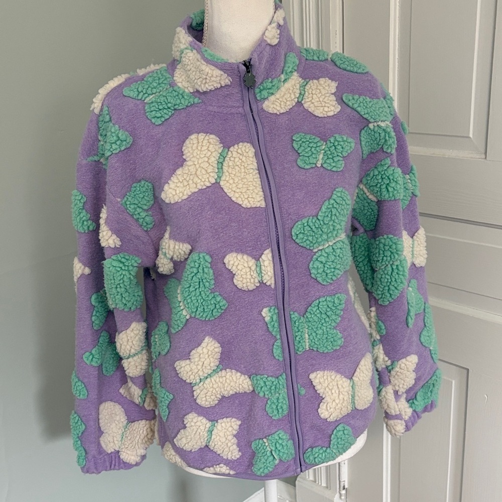 Lucky Brand Lavender Sherpa Jacket with Mint and Cream Butterfly Accents